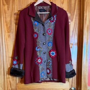 Icelandic Design Burgundy Floral Embroidered Blazer with faux fur trim
